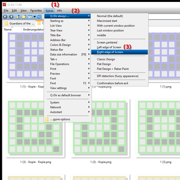 How can I move the Q Dir window to the right side of the screen